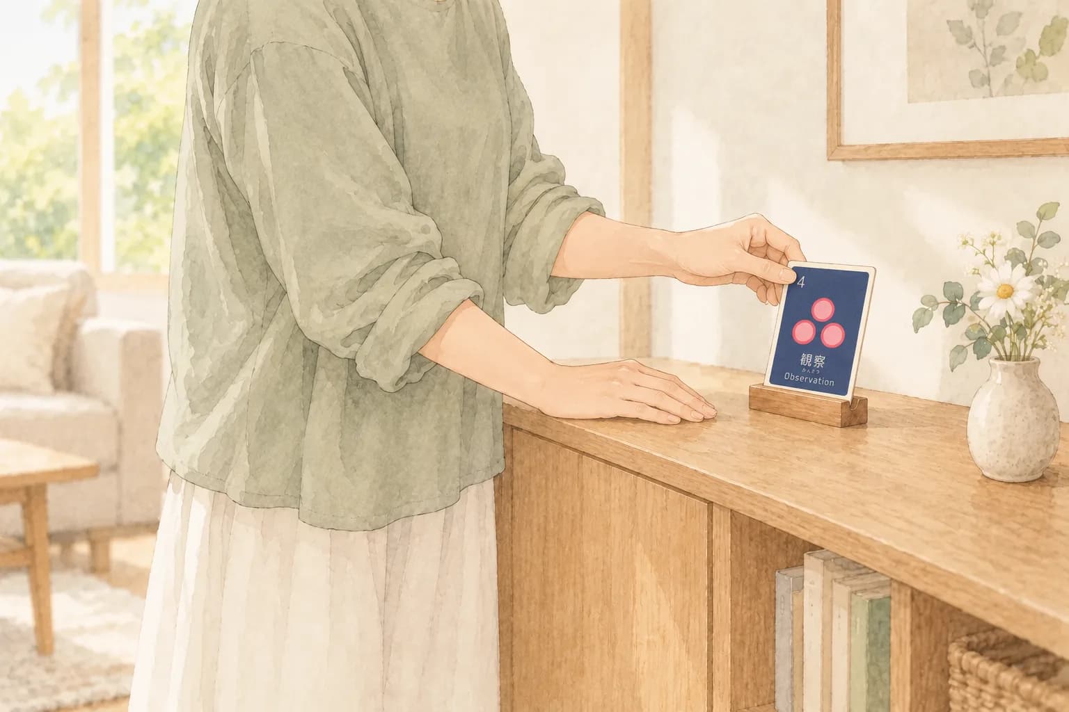 整えた棚へカードを置く手元