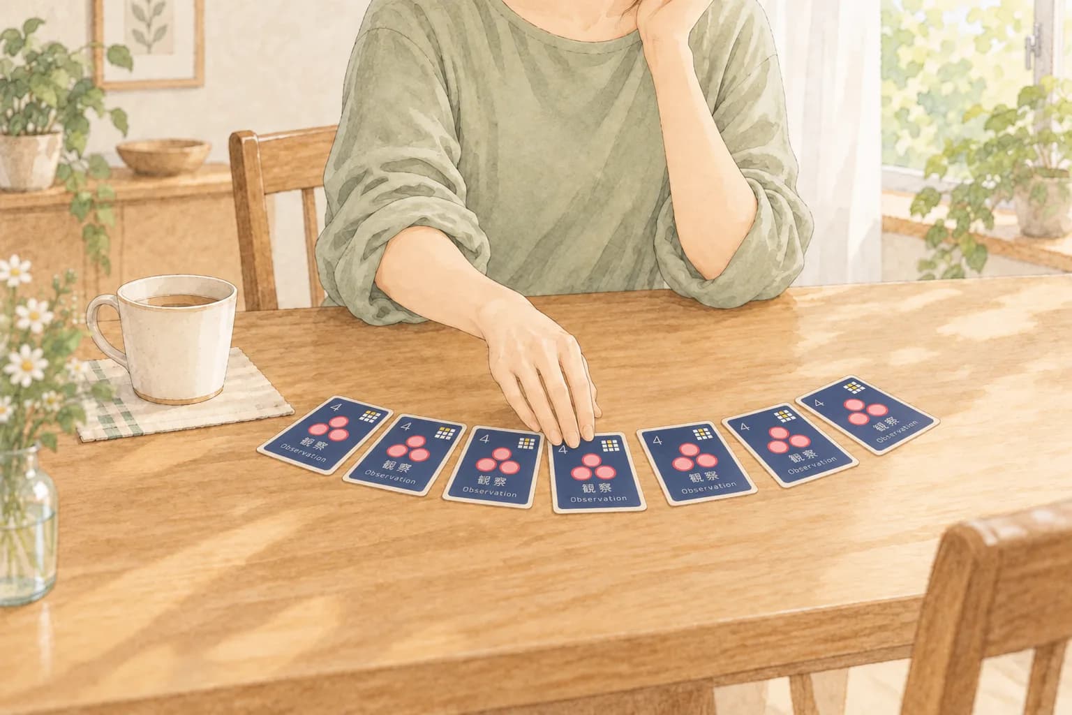 食卓に並べたカードから1枚を選ぶ手元