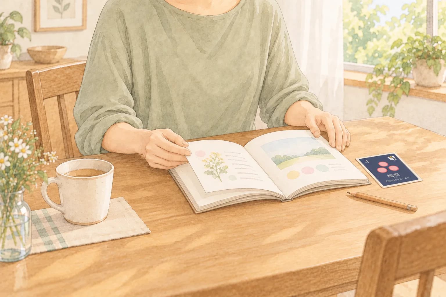 食卓で本を開いて読む手元